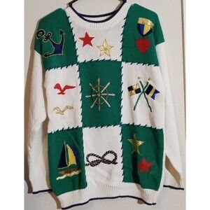 Vintage 90s Christina White Green‎ Patchwork Nautical Sailing Yacht Sweater Med